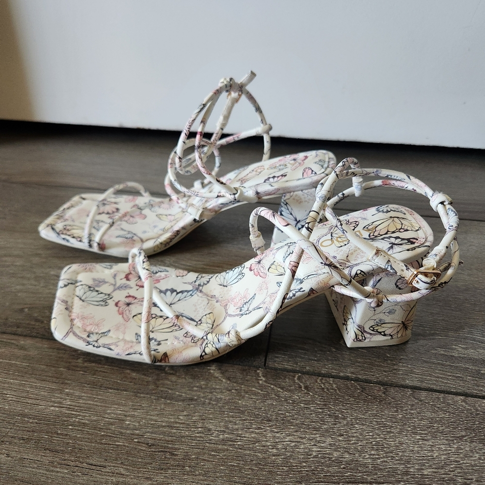 ALDO White Astryd Butterfly Print Strappy Square Toe Block Heel Sandals  7.5